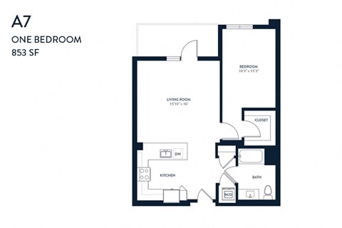 Floor plan for 1 bed, 1 bath, 853 sqft